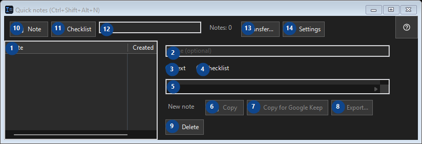 Quick notes (Ctrl+Shift+Alt+N)