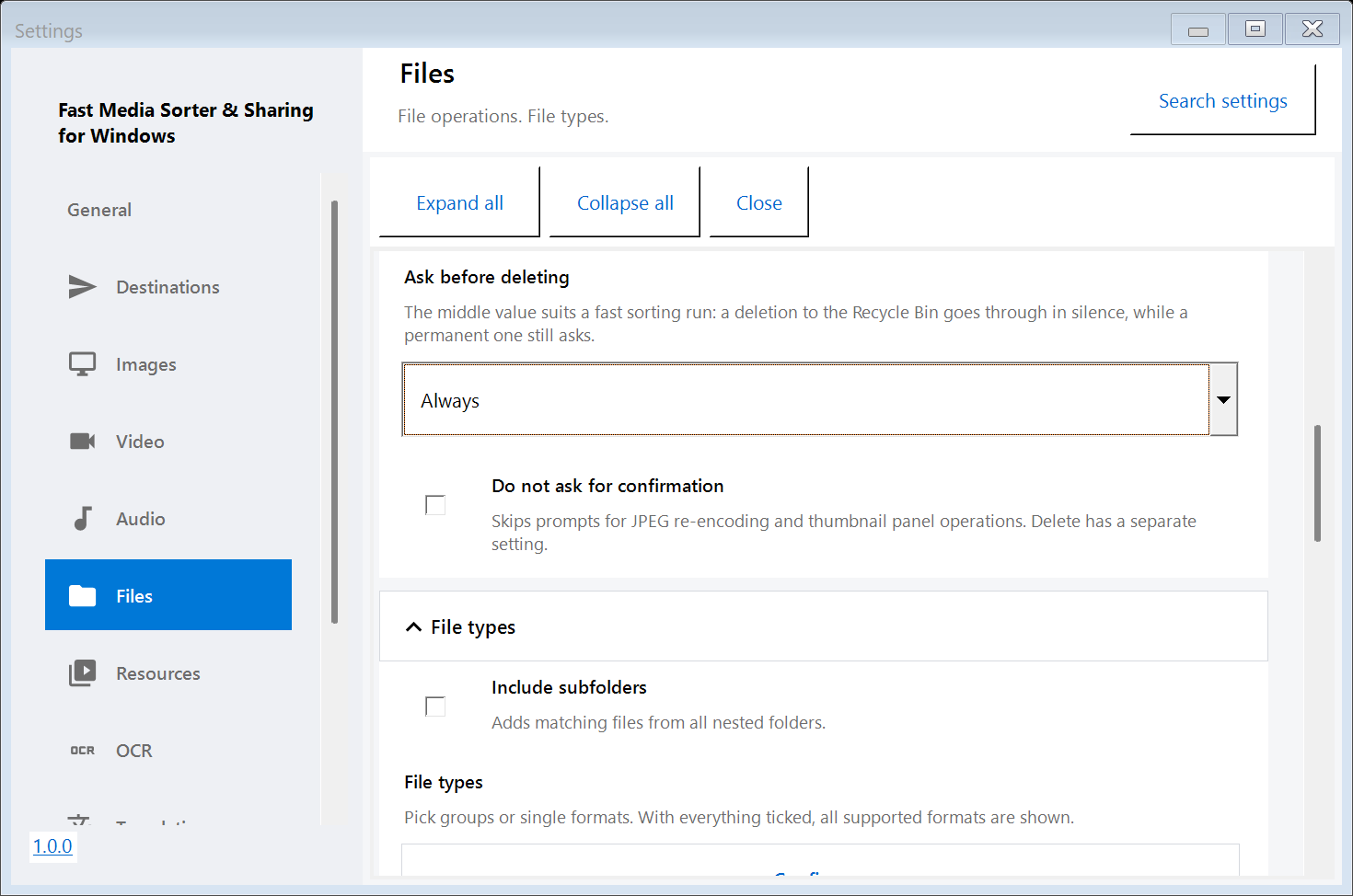 Files settings with independent groups, search and page commands
