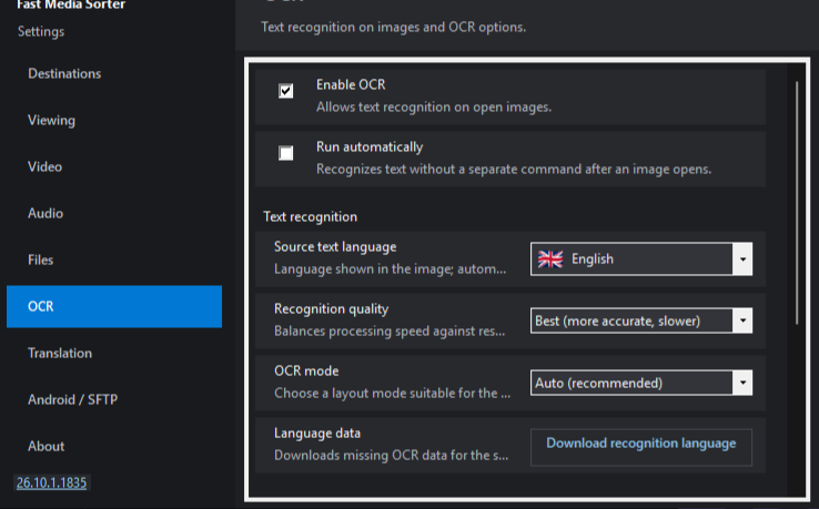 The OCR settings page: Enable OCR and Run automatically, source text language, recognition quality, OCR mode and the language data download