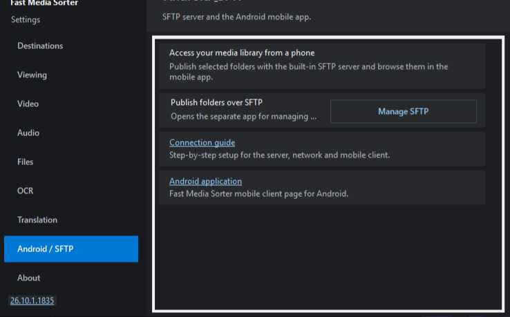 The Android / SFTP settings page with the Manage SFTP button, the connection guide link and the Android application link
