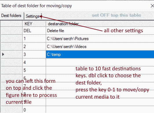 Destination folders table