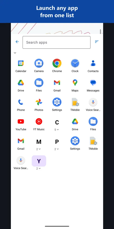 The list of installed apps with search and letter groups