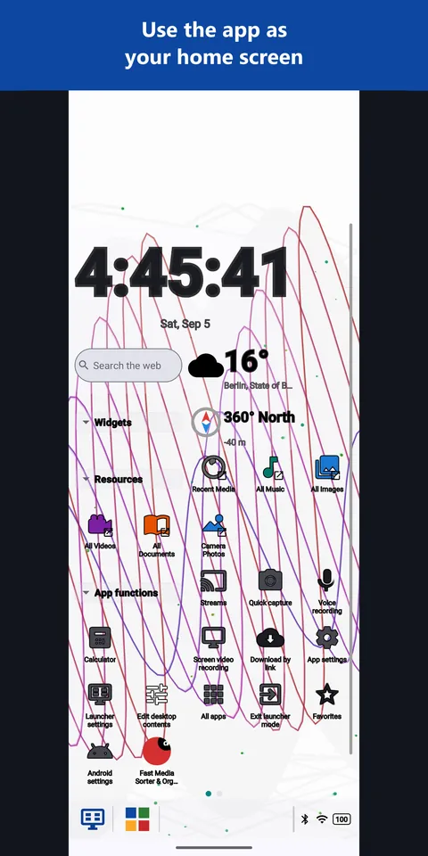 The launcher desktop with a clock, weather, a compass, media shortcuts and a taskbar at the bottom