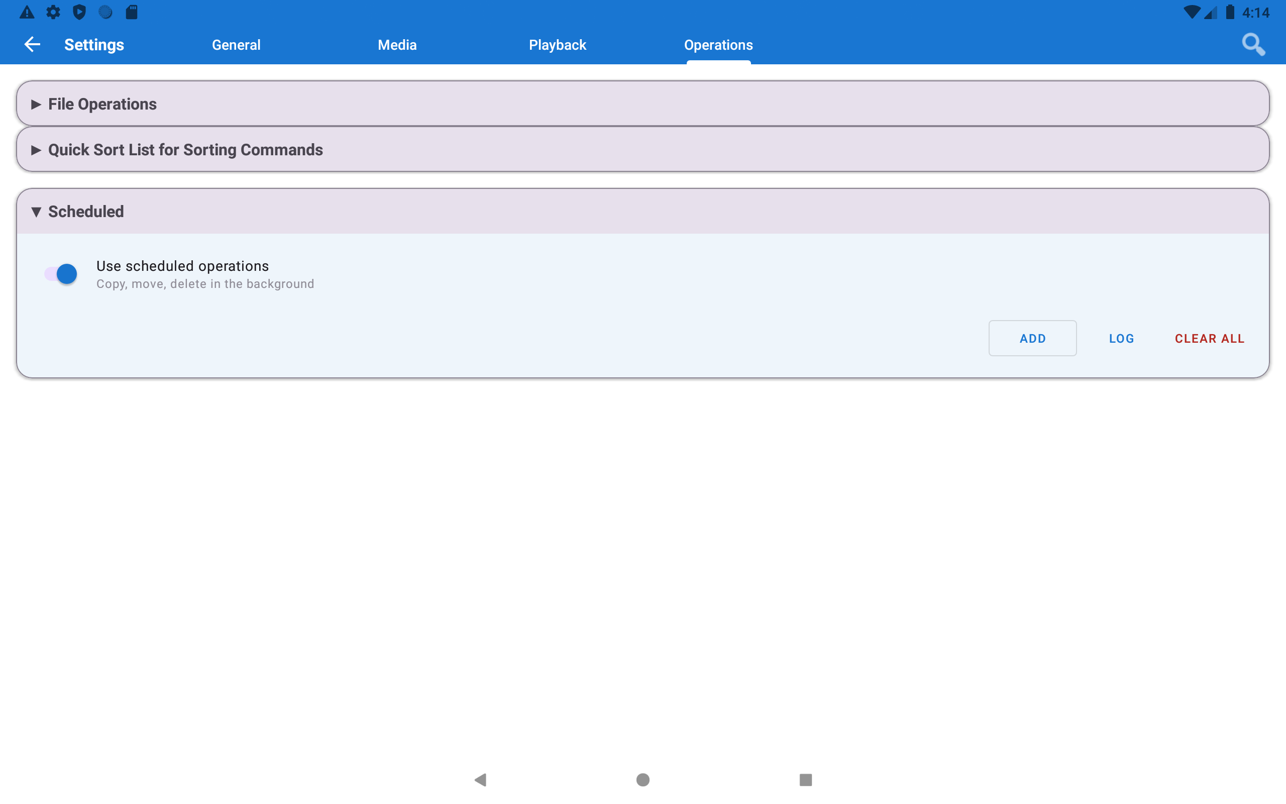 Settings → Operations - Scheduled section with ADD button