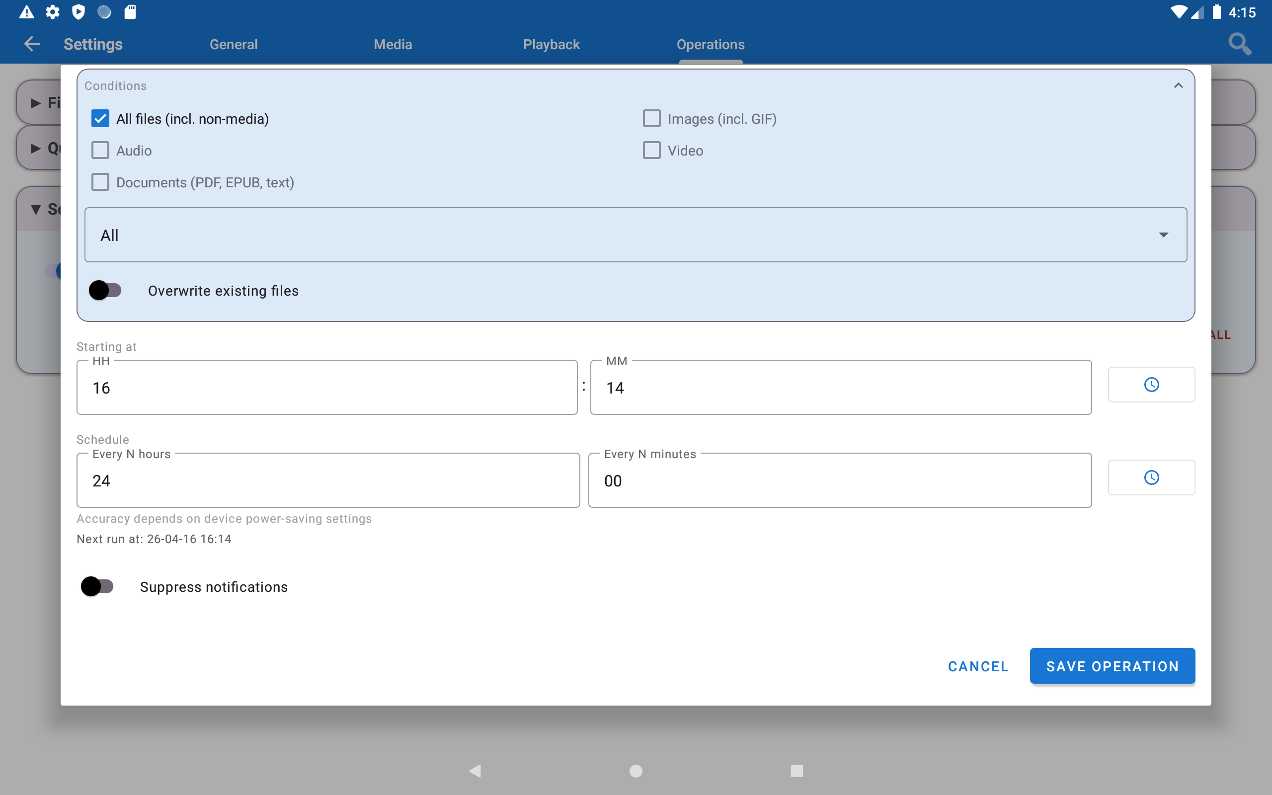 Add Schedule dialog - Conditions section: interval and overwrite options