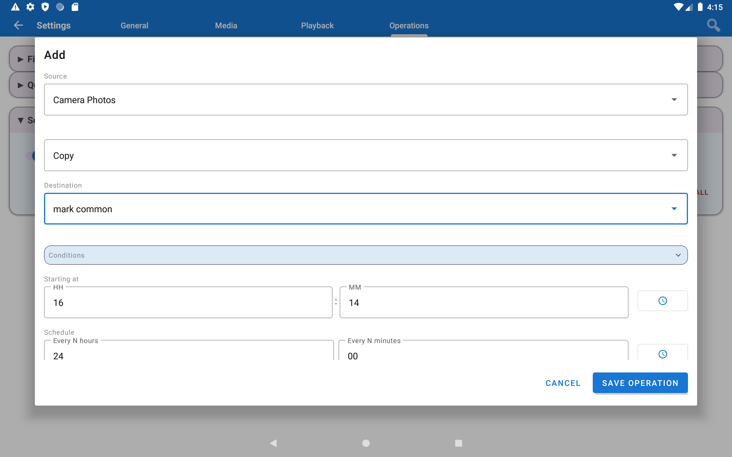 Add Schedule - Source: Camera Photos, Operation: Copy, Destination: SMB
