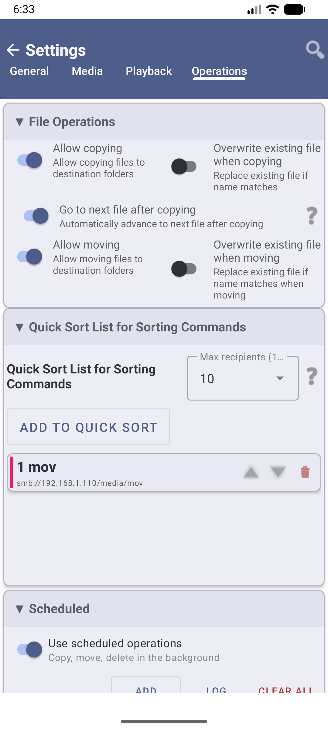 Settings → Operations - Quick Sort List with numbered destination badge