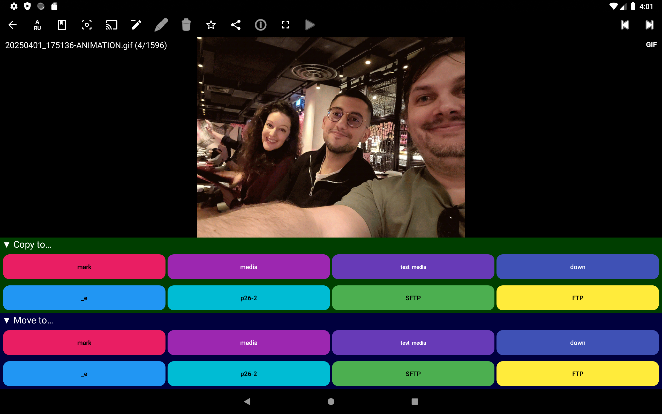 Full-screen file viewer with Copy/Move command panel and numbered sort destination buttons