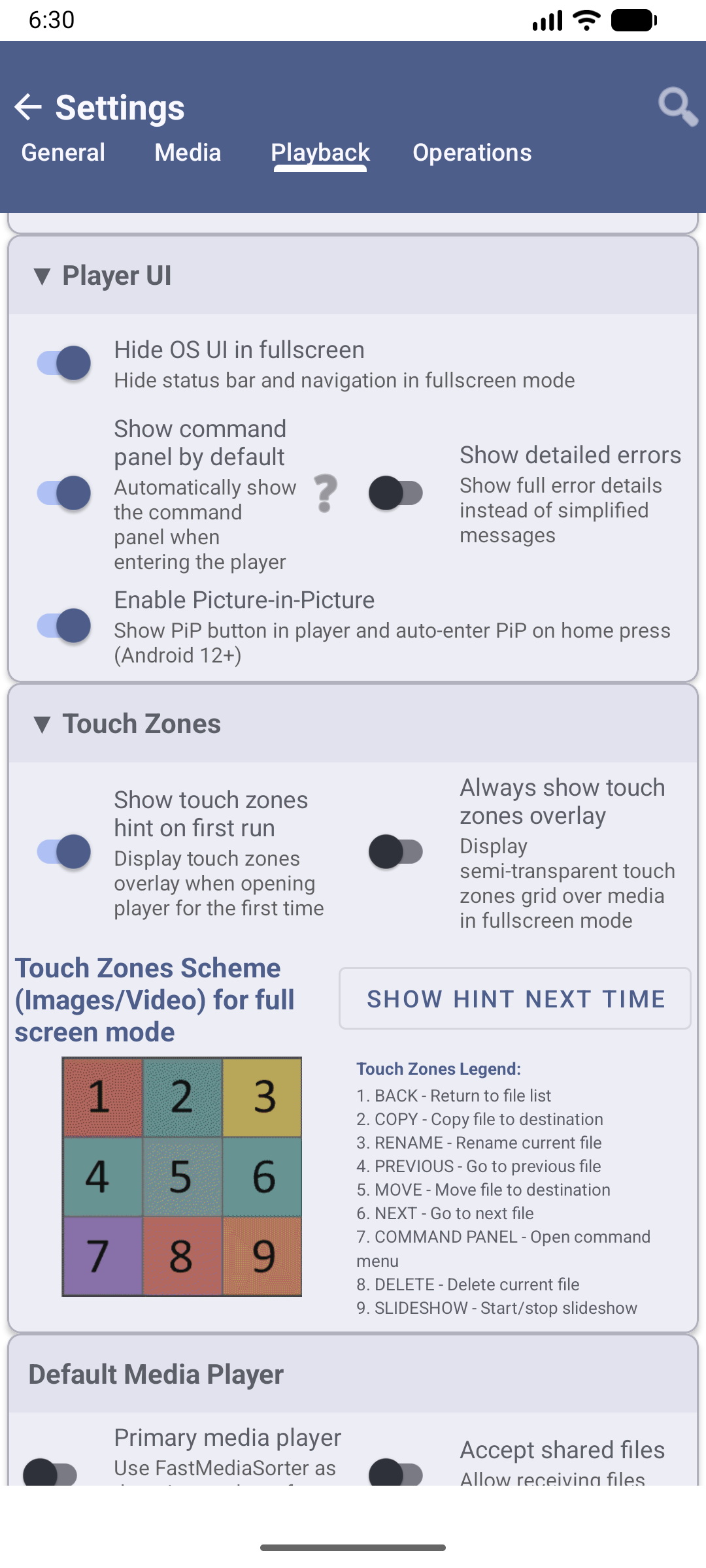 Touch Zones layout diagram - 3x3 grid with numbered zones
