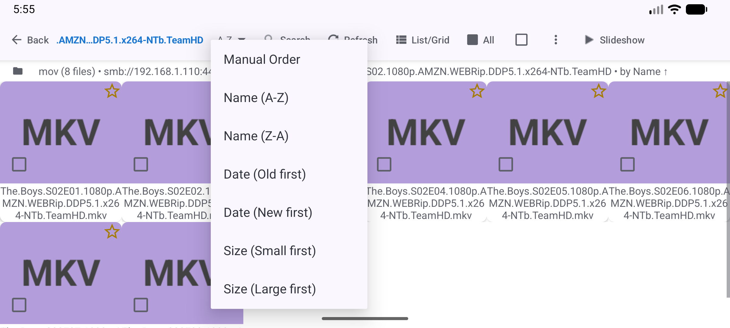 SMB video folder - episode files (MKV) listed by filename