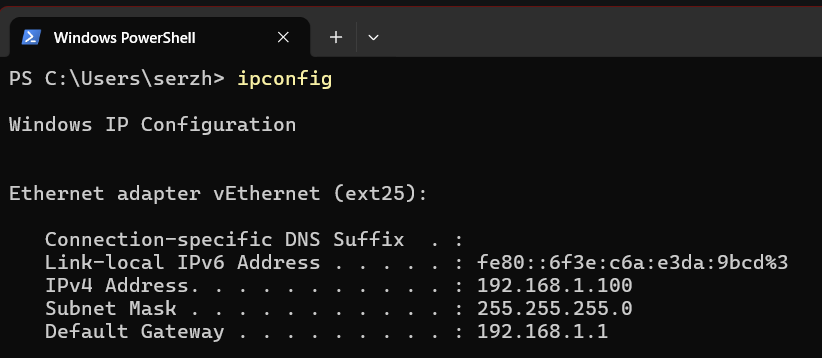 Windows PowerShell - ipconfig output, IPv4 Address `192.168.1.100` visible