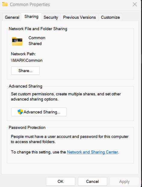 Windows folder Properties - Sharing tab, Network Path `\MARK\Common` visible