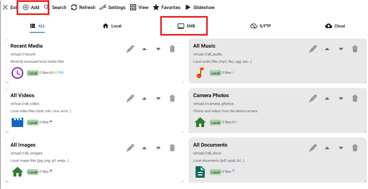 FastMediaSorter main screen - Add (⊕) button highlighted in top toolbar, SMB tab visible