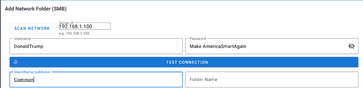 Add Network Folder (SMB) - Server IP `192.168.1.100`, ShareName and credentials filled in