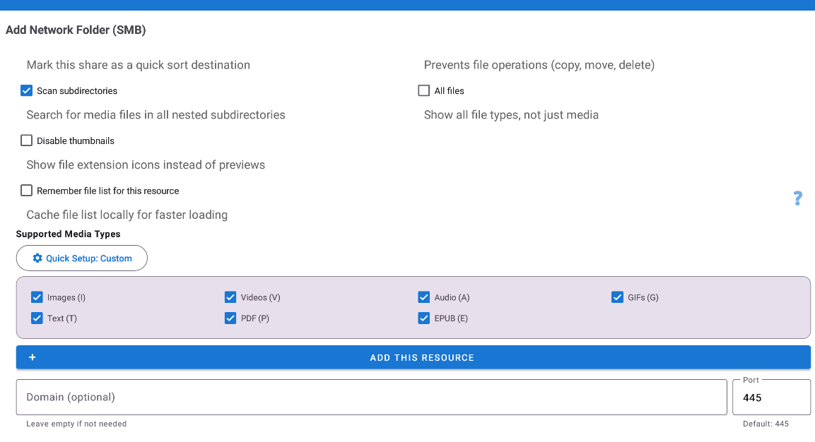 Add Network Folder (SMB) - lower section: options, media types, ADD THIS RESOURCE button