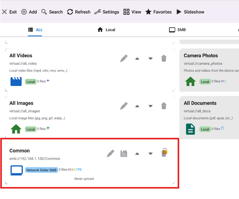 FastMediaSorter main screen - new "Common" SMB resource card (smb://192.168.1.100/Common) with Network folder SMB badge highlighted