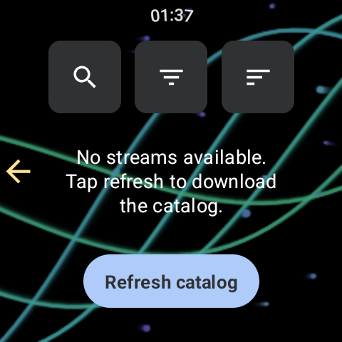 Empty Streams screen with the Refresh catalog button