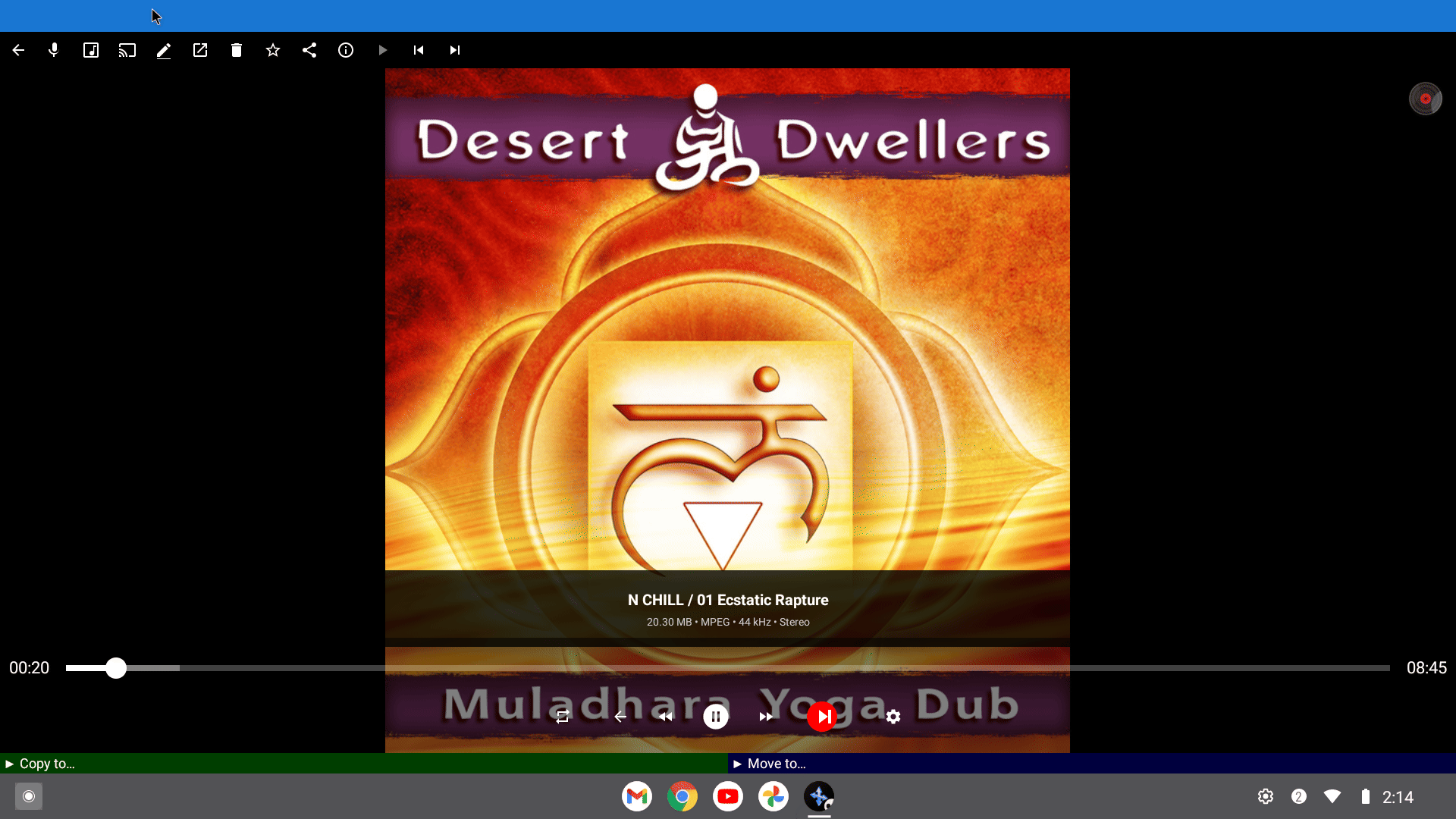 The FastMediaSorter audio player on a large screen showing an album cover, the track name, the progress bar and the playback buttons