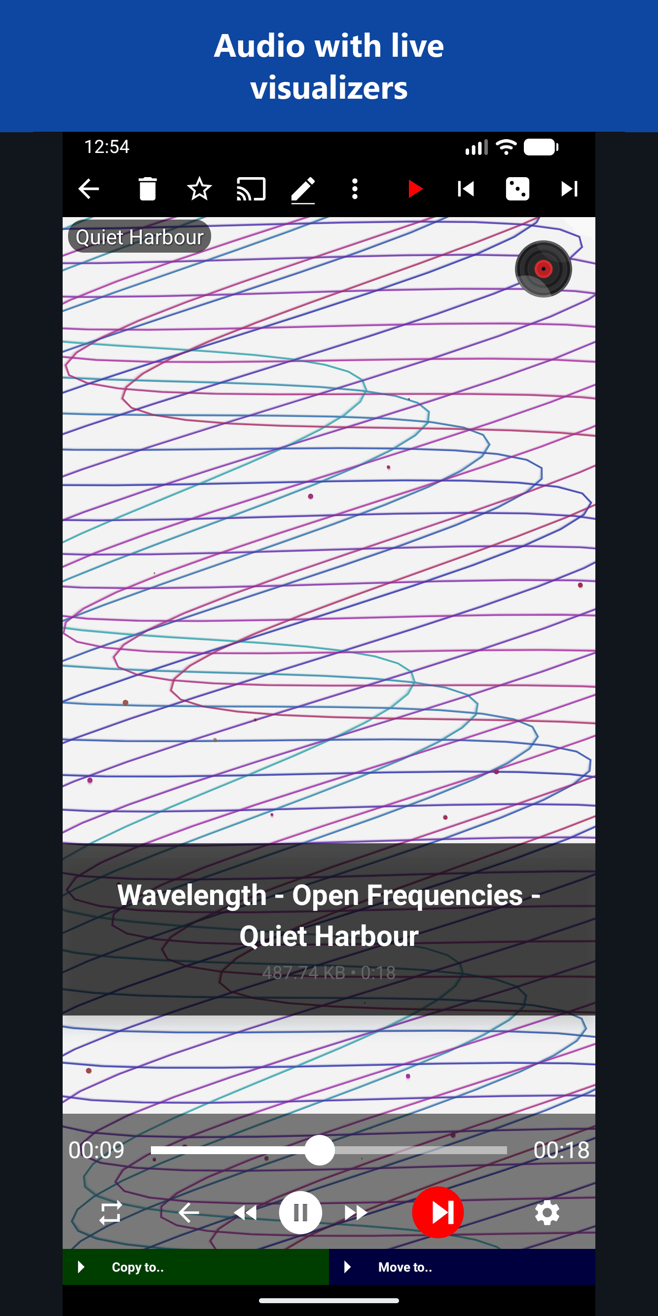 The audio player with the Wave and Particle animation filling the screen behind the track name and playback buttons