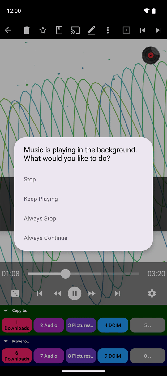 The question Music is playing in the background with the Stop, Keep Playing, Always Stop and Always Continue buttons