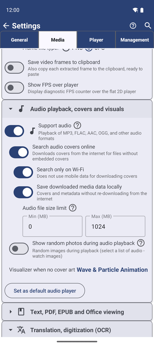 The Audio playback, covers and visuals settings section with Search audio covers online turned on and its two extra switches