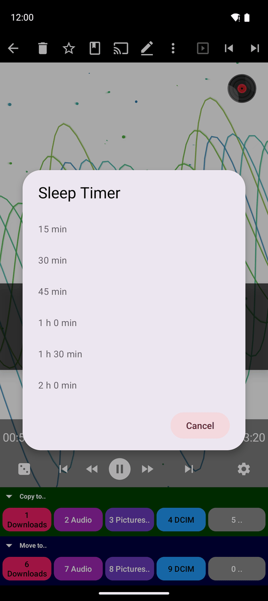 The Sleep Timer window with the choices 15, 30, 45, 60, 90 and 120 minutes