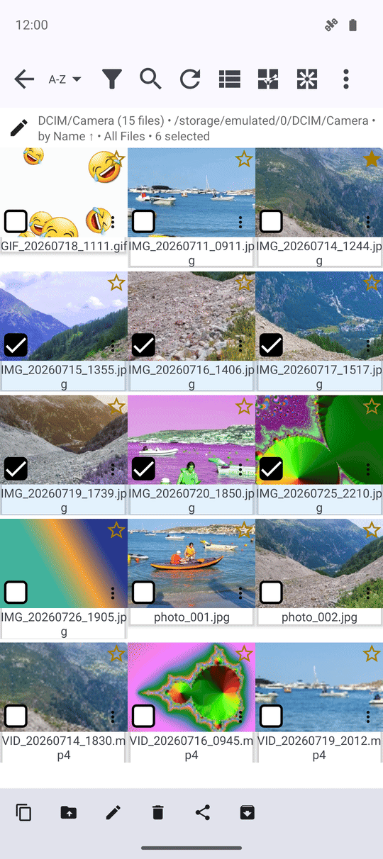 The file browser in selection mode with several files ticked in a row after a long-press range selection