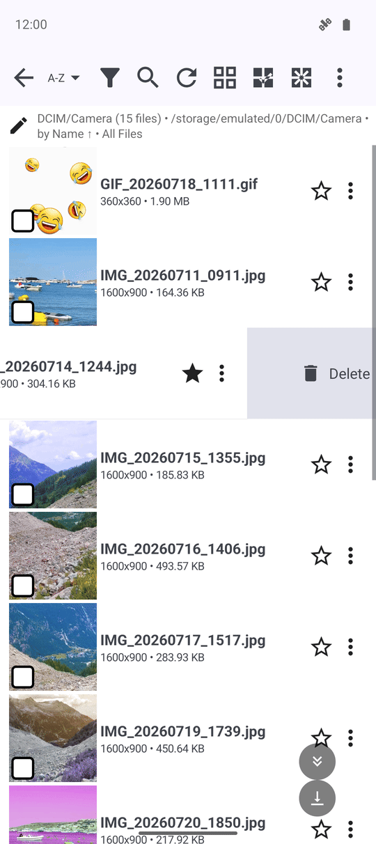 A file row swiped partway to the left in the file browser, revealing the Delete action label behind it