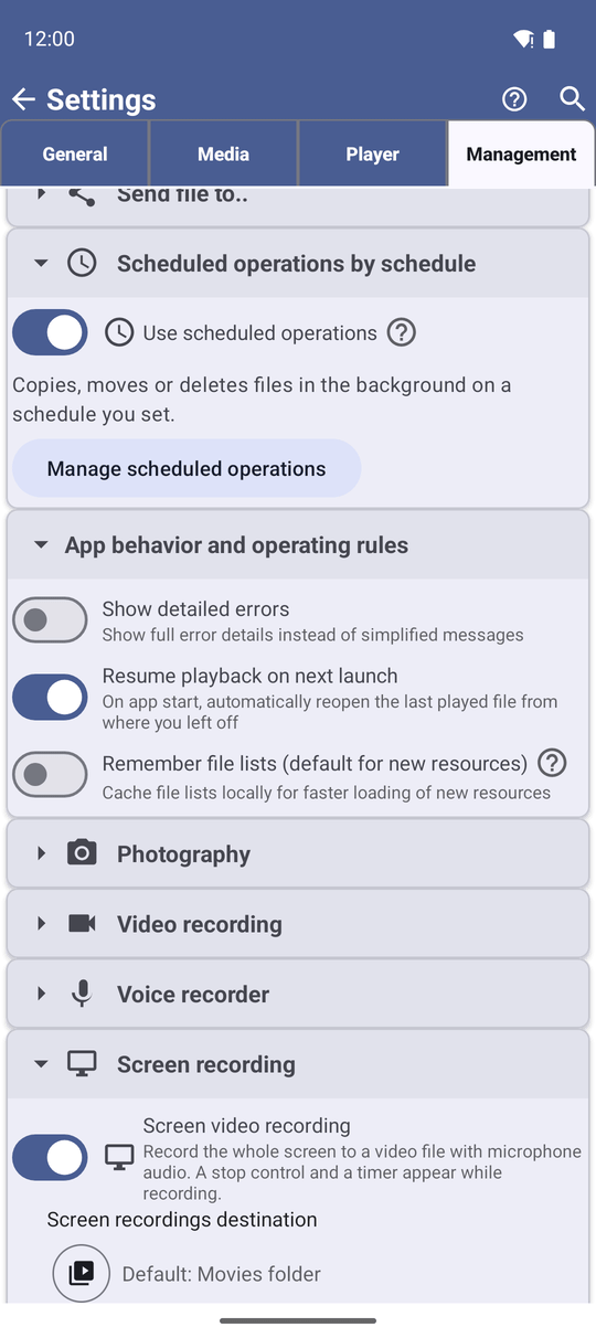 The Management tab in Settings with the Screen video recording switch turned on