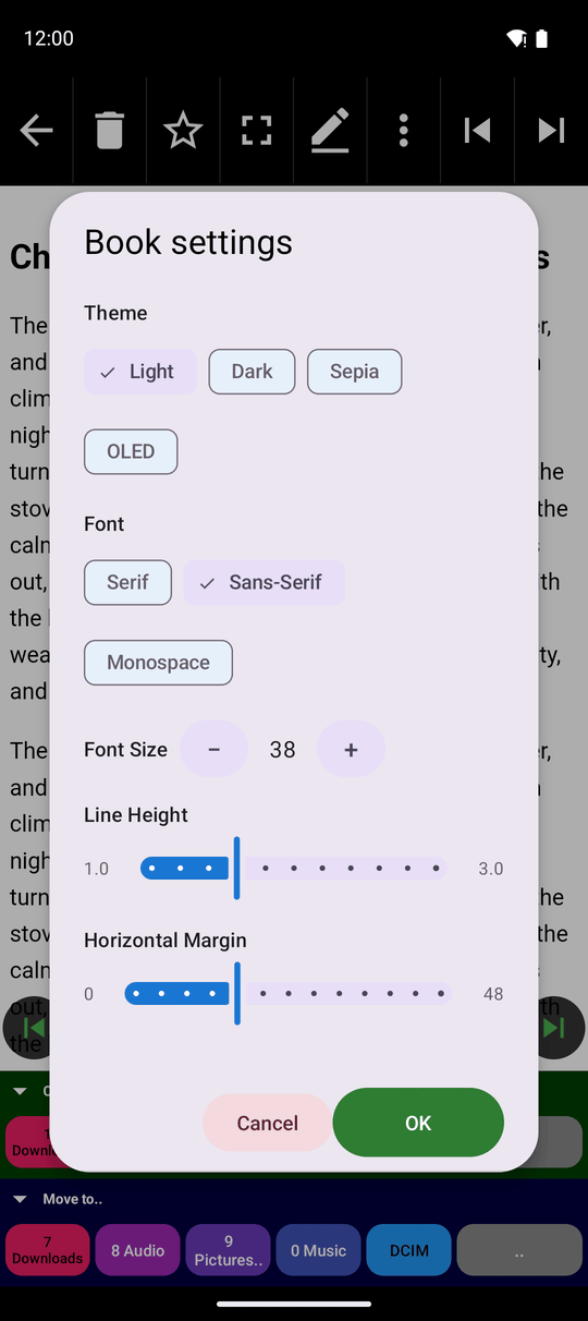 The Reader Settings window with theme and font choices, font size buttons and the line height and horizontal margin sliders