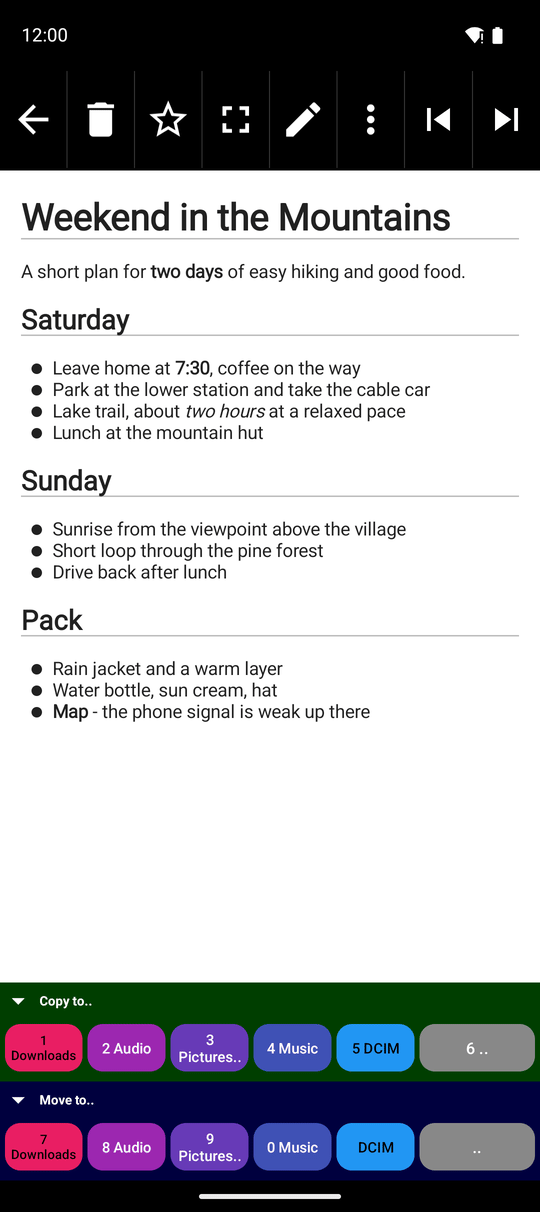 A Markdown file shown formatted, with a large heading, bold words and a bulleted list