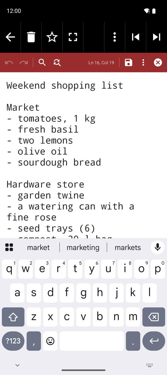 A text file in edit mode with the keyboard open and the Save, Save and close, Save and send and Cancel buttons