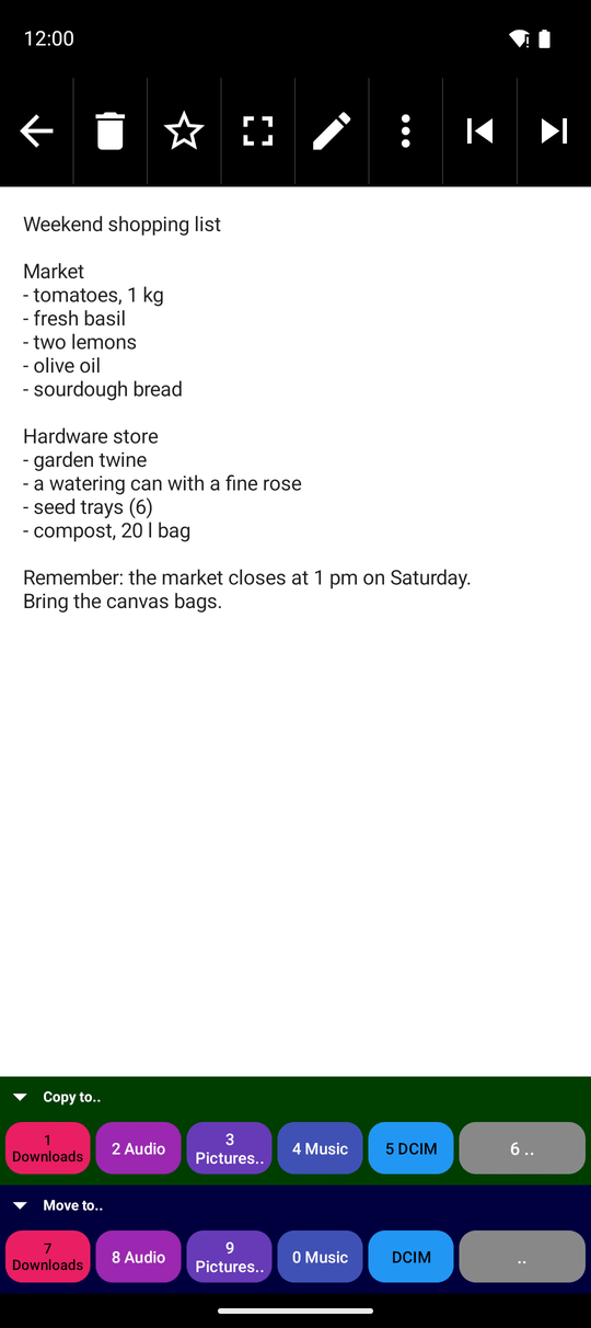 A text file open in the reader with the Copy, Search and Edit buttons in the bottom bar