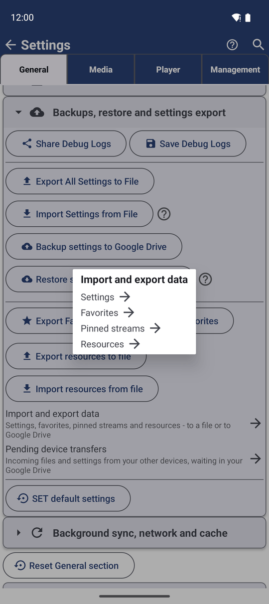 The Import and export data window listing Settings, Favorites, Pinned streams and Resources, each with an arrow that opens its export and import buttons