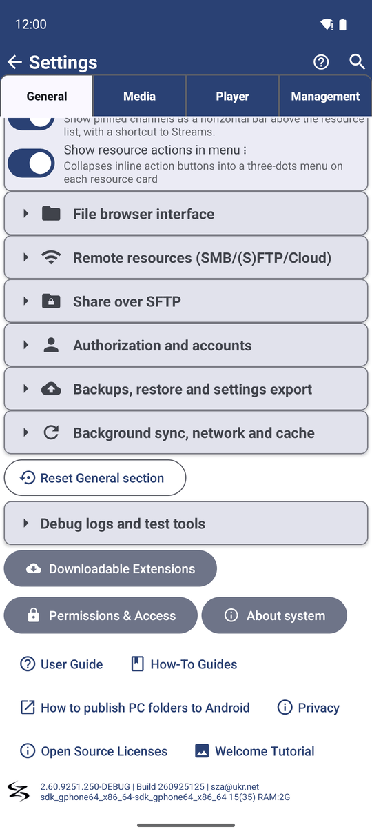 The bottom of the General tab in FastMediaSorter Settings, showing the version line with the edition name at the end of the version number