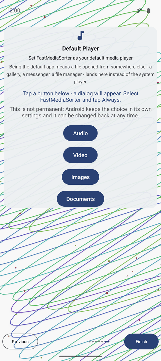 The FastMediaSorter welcome wizard Default Player page with Audio, Video, Images and Documents buttons