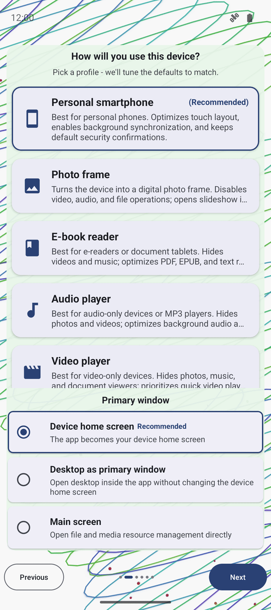 The FastMediaSorter welcome wizard device profile page with the Personal smartphone tile selected and expanded and the Recommended badge shown on it