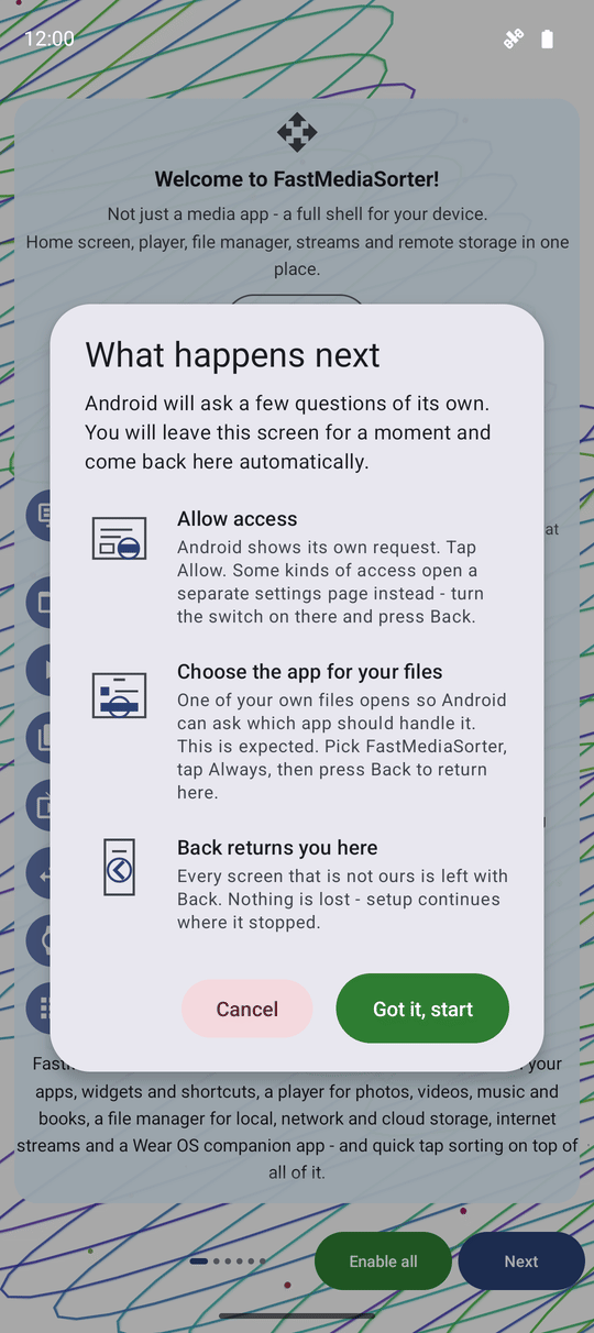 The FastMediaSorter welcome wizard Enable all explainer dialog listing the Allow access, Choose the app for your files and Back returns you here steps