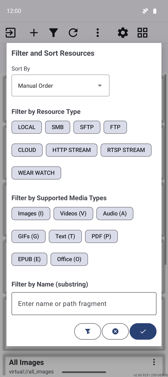 The Filter and Sort Resources dialog with resource-type filters, media-type filters and a sort order list