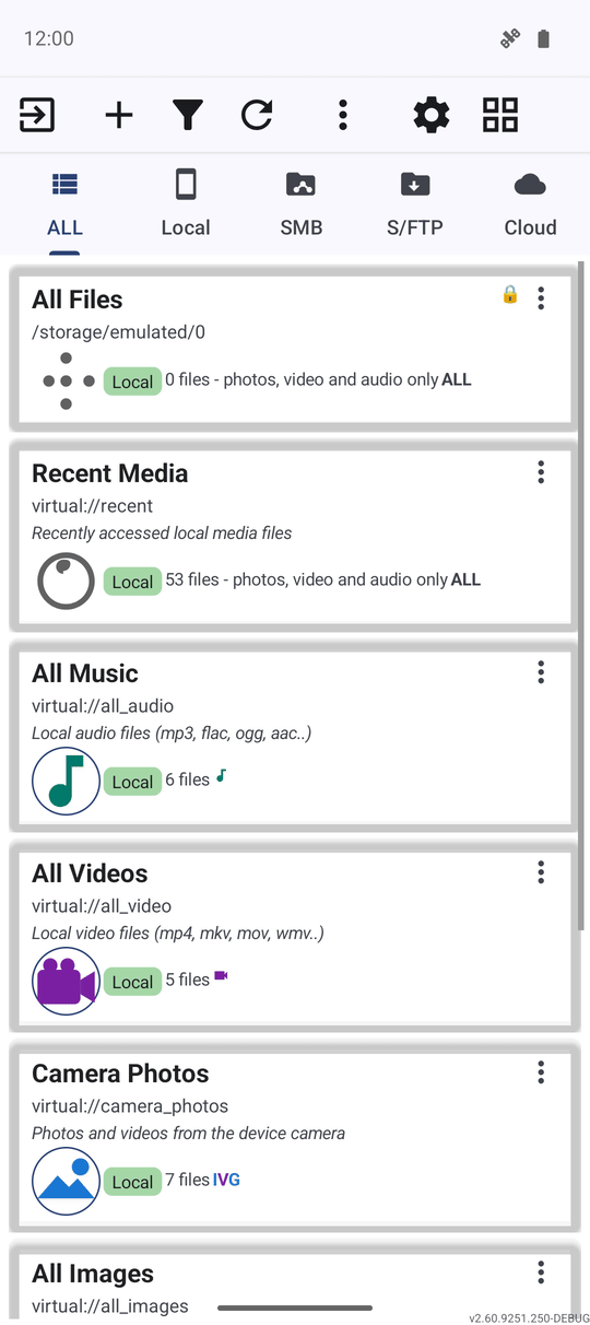 FastMediaSorter main screen right after a fresh install showing real file counts on the All Music, All Videos and All Images built-in resources