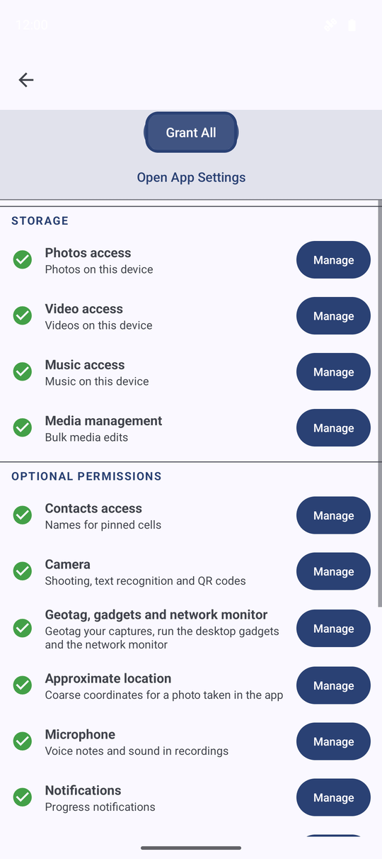 The Permissions and Access screen with the Grant All button highlighted above the permission group list