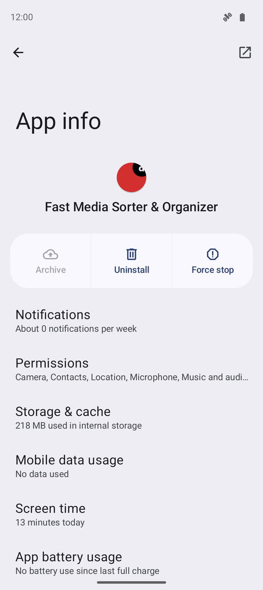 The Android application details screen for FastMediaSorter with the Permissions entry visible