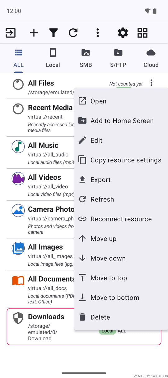 The three-dots menu of one resource row open on the main screen, with Reconnect resource among its actions