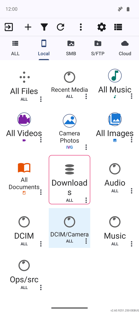 The resource-type tab strip below the command bar with ALL, Local, SMB, S/FTP and Cloud tabs all visible
