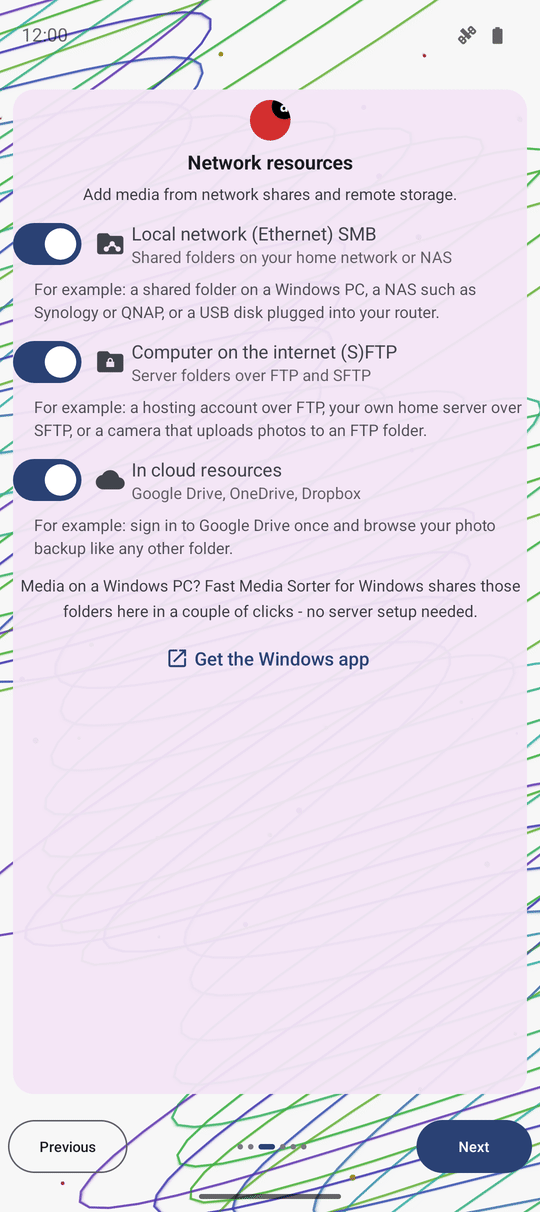 The FastMediaSorter welcome wizard network resources page with the SMB, FTP/SFTP and cloud group switches and their usage examples