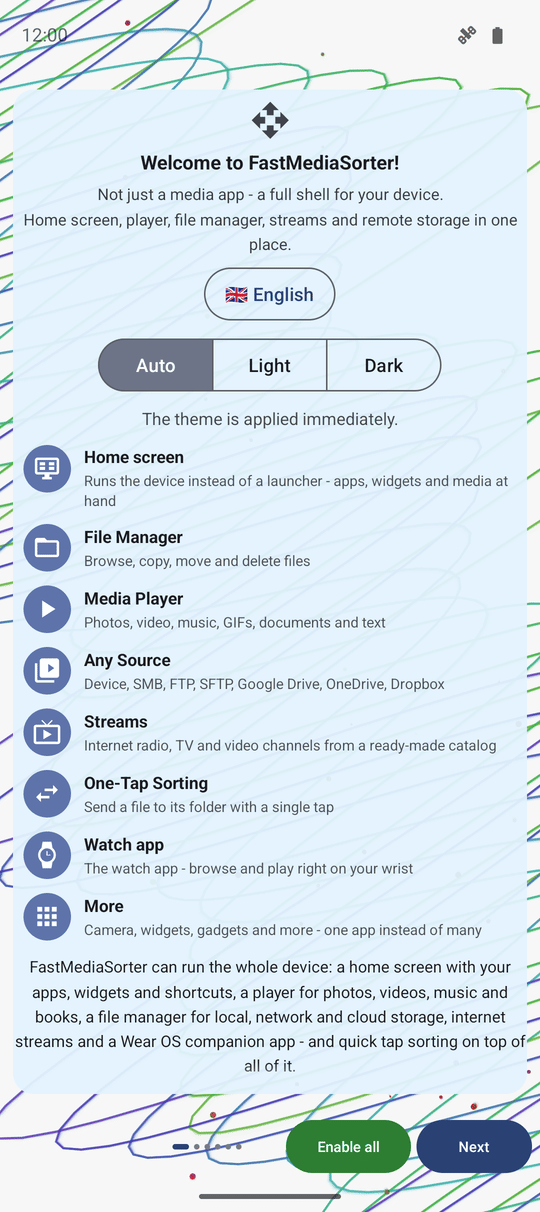 The first page of the FastMediaSorter welcome wizard showing the role pitch cards with the language and theme pickers