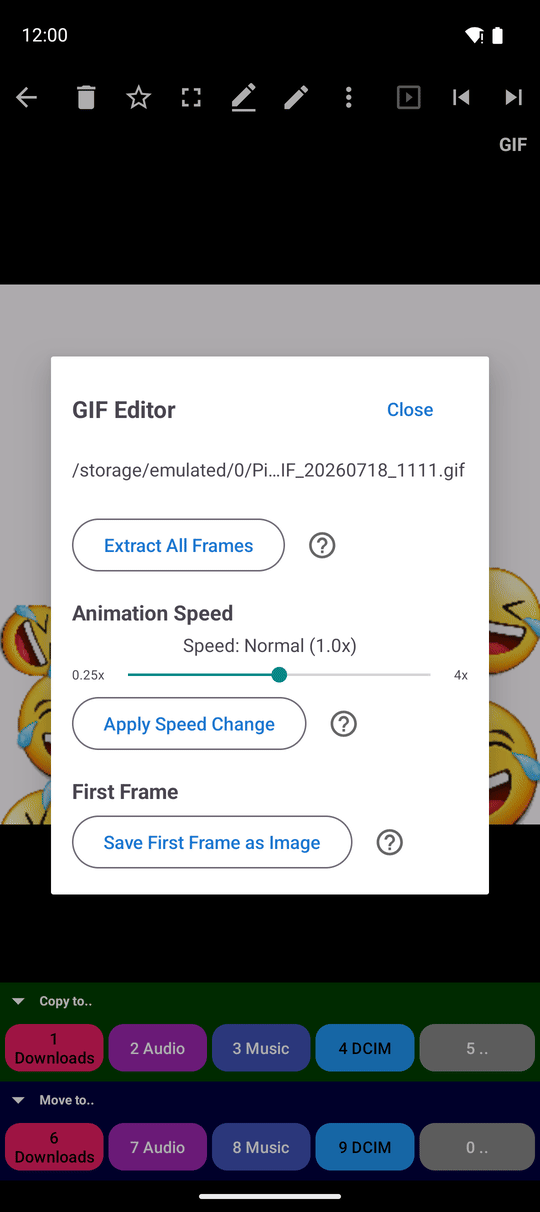 The GIF Editor window with the Animation Speed slider and the First Frame and Extract Frames buttons
