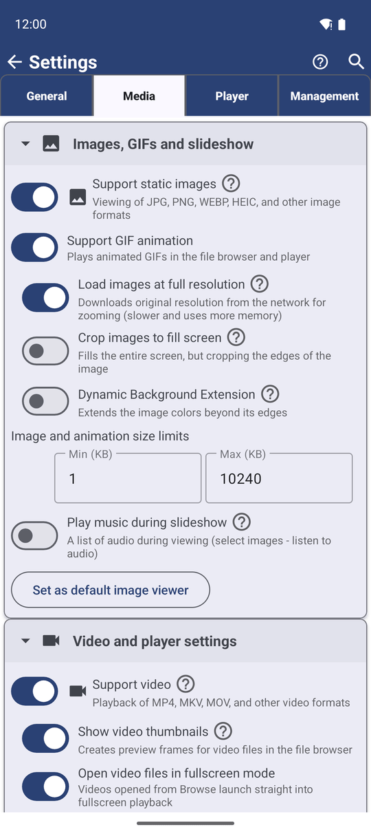 The Images, GIFs and slideshow settings section with the Crop images to fill screen switch turned off