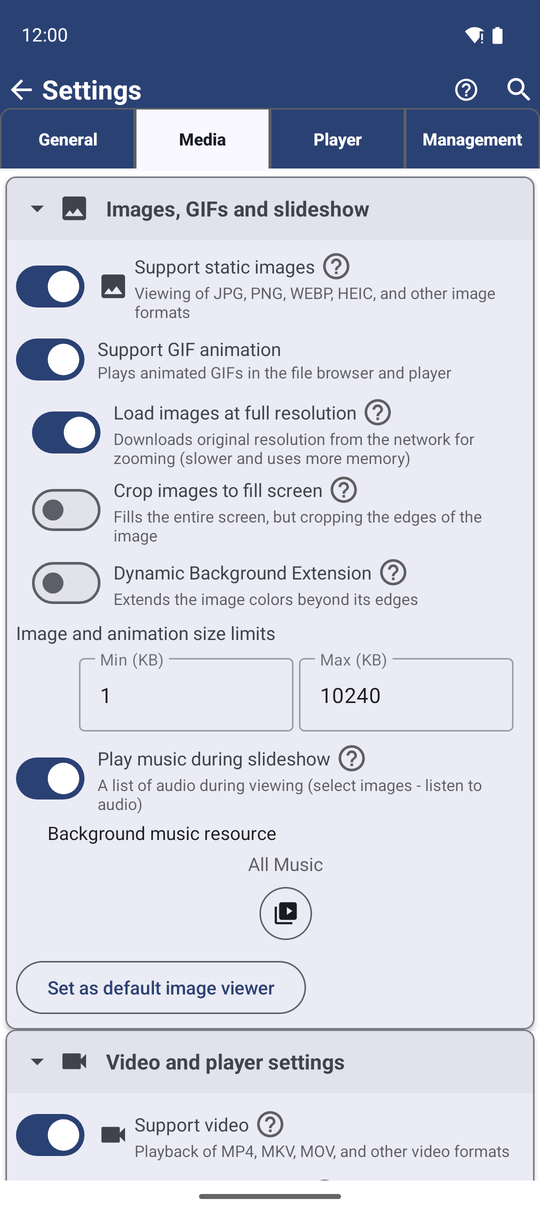 The Images, GIFs and slideshow settings section with Play music during slideshow turned on and a music resource selected