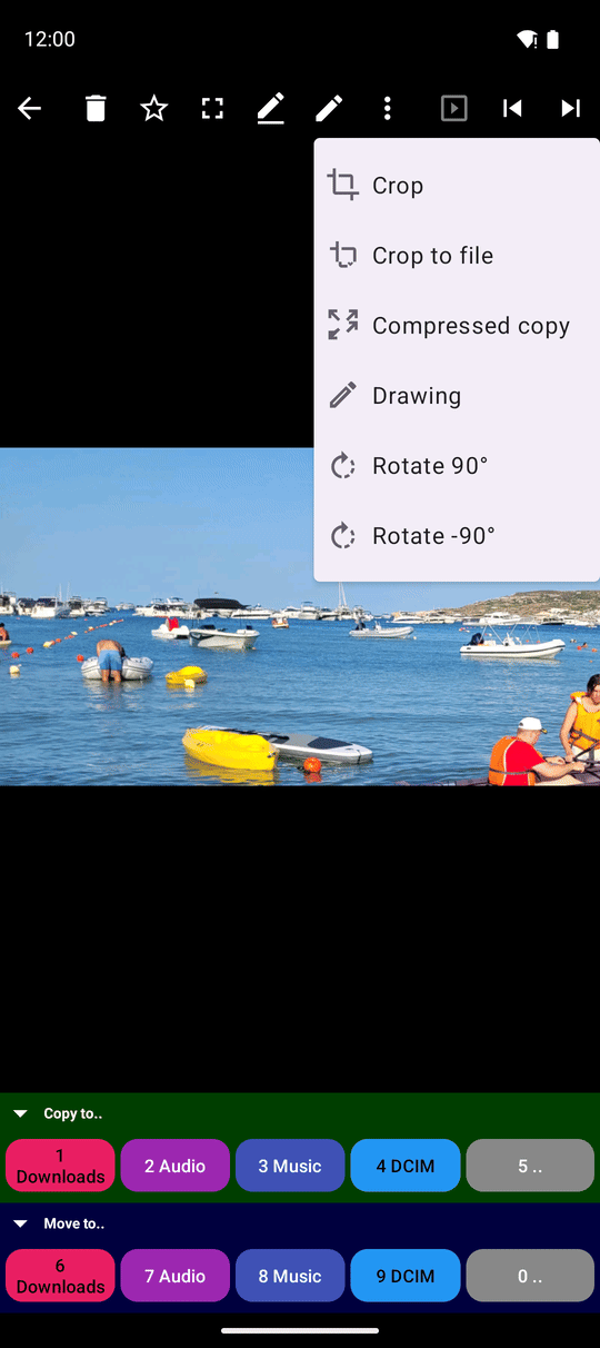 The image viewer three-dots menu open, showing the Rotate 90 degrees and Rotate minus 90 degrees items